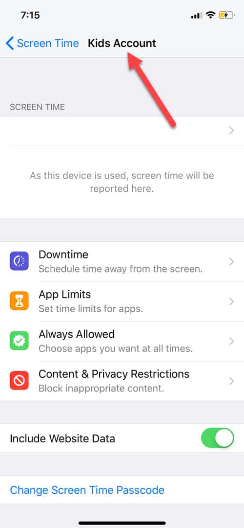 Kids account screen time