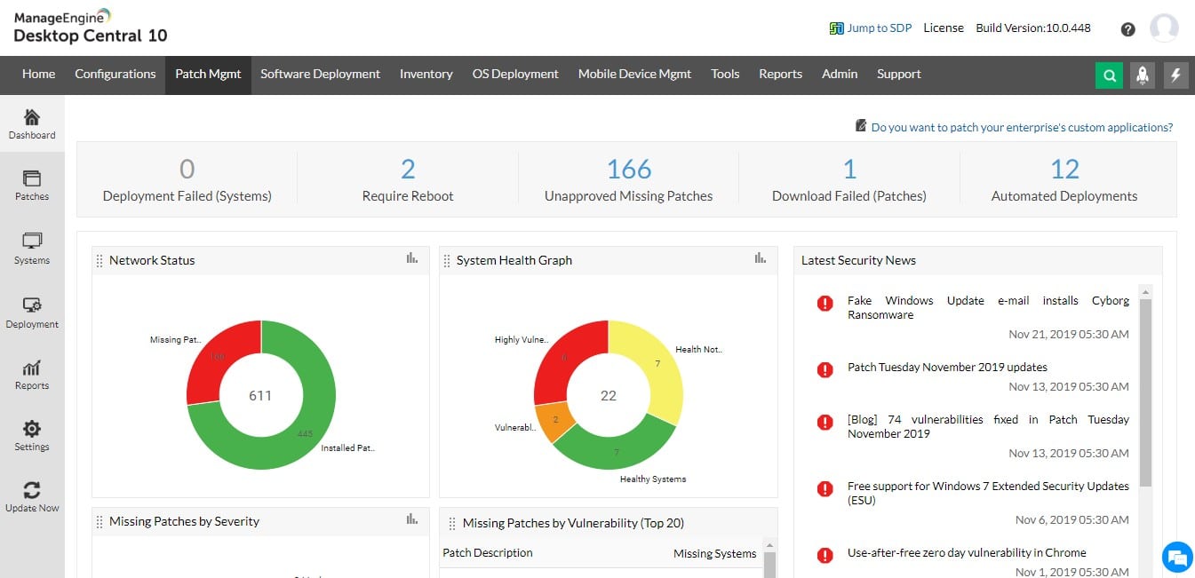 ManageEngine Desktop Central Patch Dashboard Patch Management