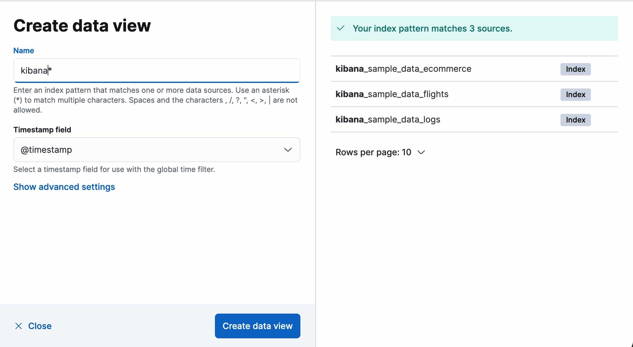 Create data view in Kibana