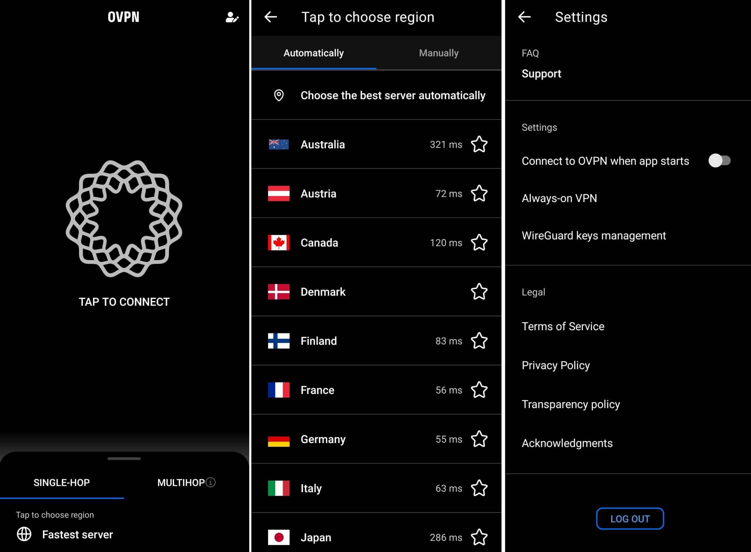 Screenshot showing OVPN's Android app in 2024