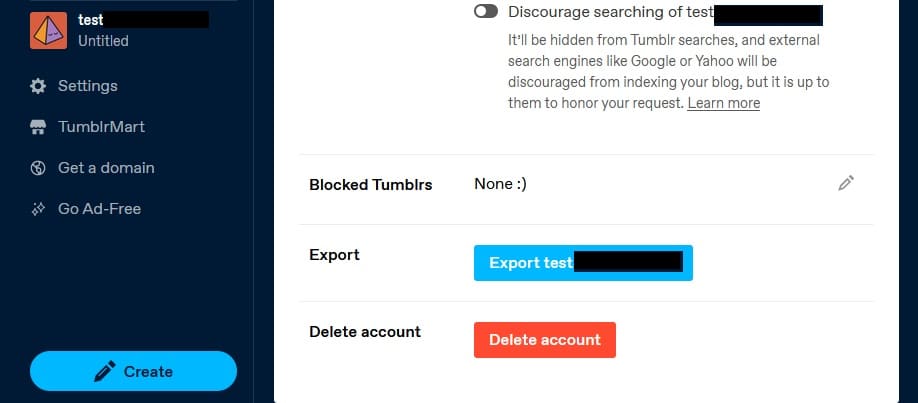 Screenshot of Tumblr's account deletion process