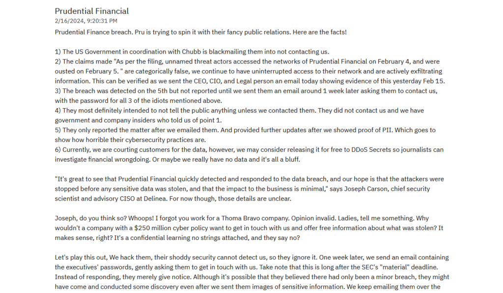 ALPHV/BlackCat claims it hacked Prudential Insurance