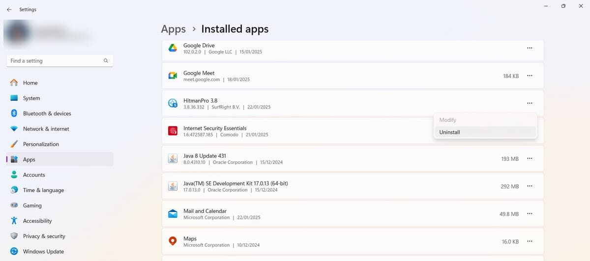 Windows installed apps screenshot