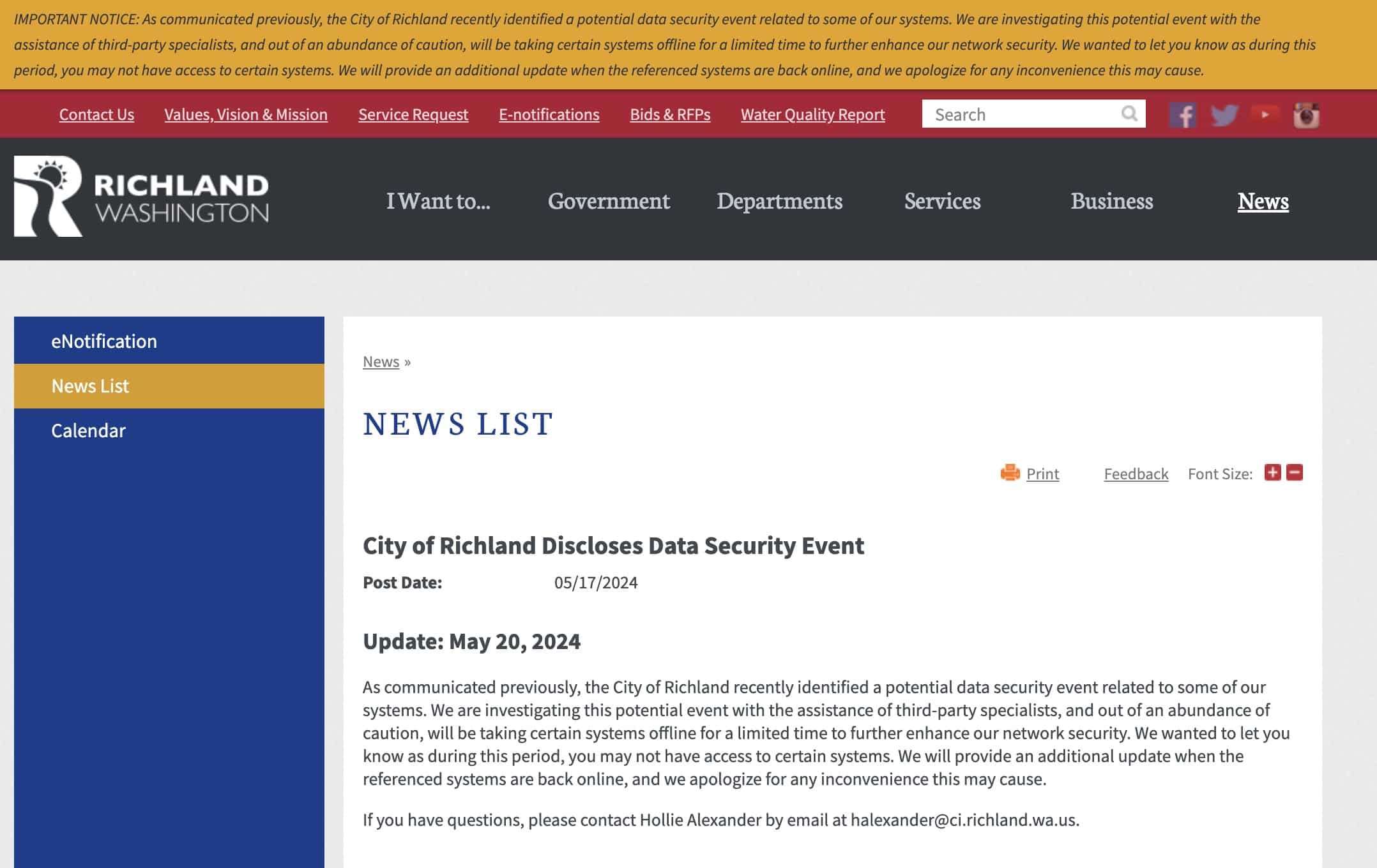 City of Richland data security incident