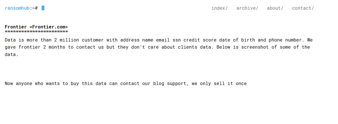 RansomHub claim on Frontier Communications