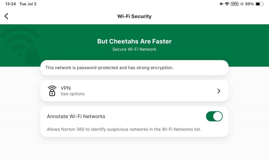 Norton WiFi Security app screenshot