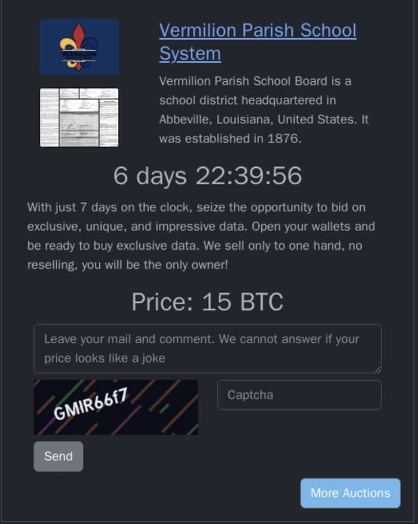 vermilion parish schools ransomware rhysida