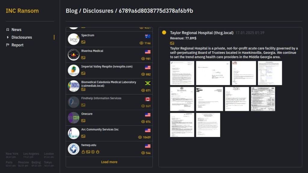 Inc adds Taylor Regional Hospital to its leak site.